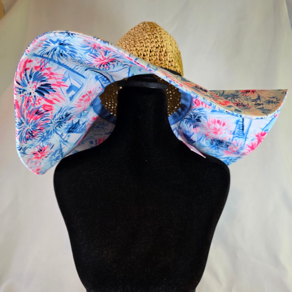 NWT Lilly Pulitzer Women's Beach Hat Crew Blue Sea to Shining Sea Wide Brim
